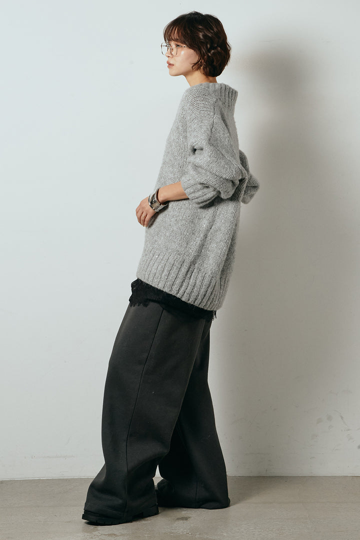 [SET]Vネックラメニットトップス+裏起毛スウェットワイドパンツ(2set)