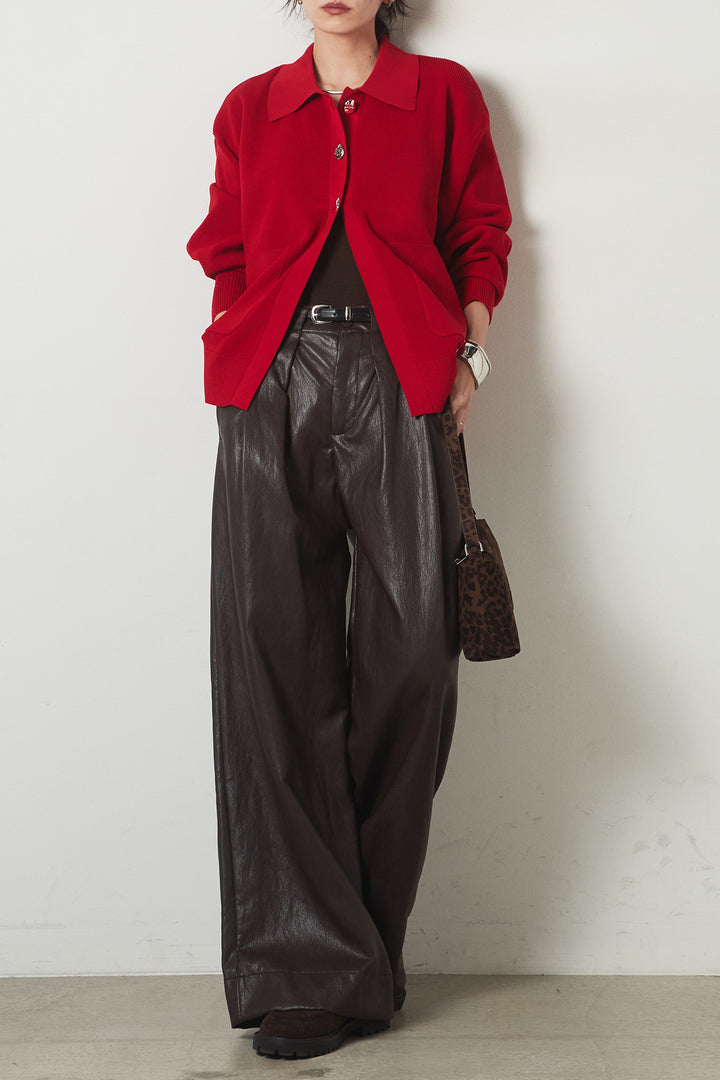 [SET]メタル釦衿付きニットカーディガン+ベルト付きレザーライクタックパンツ(2set)