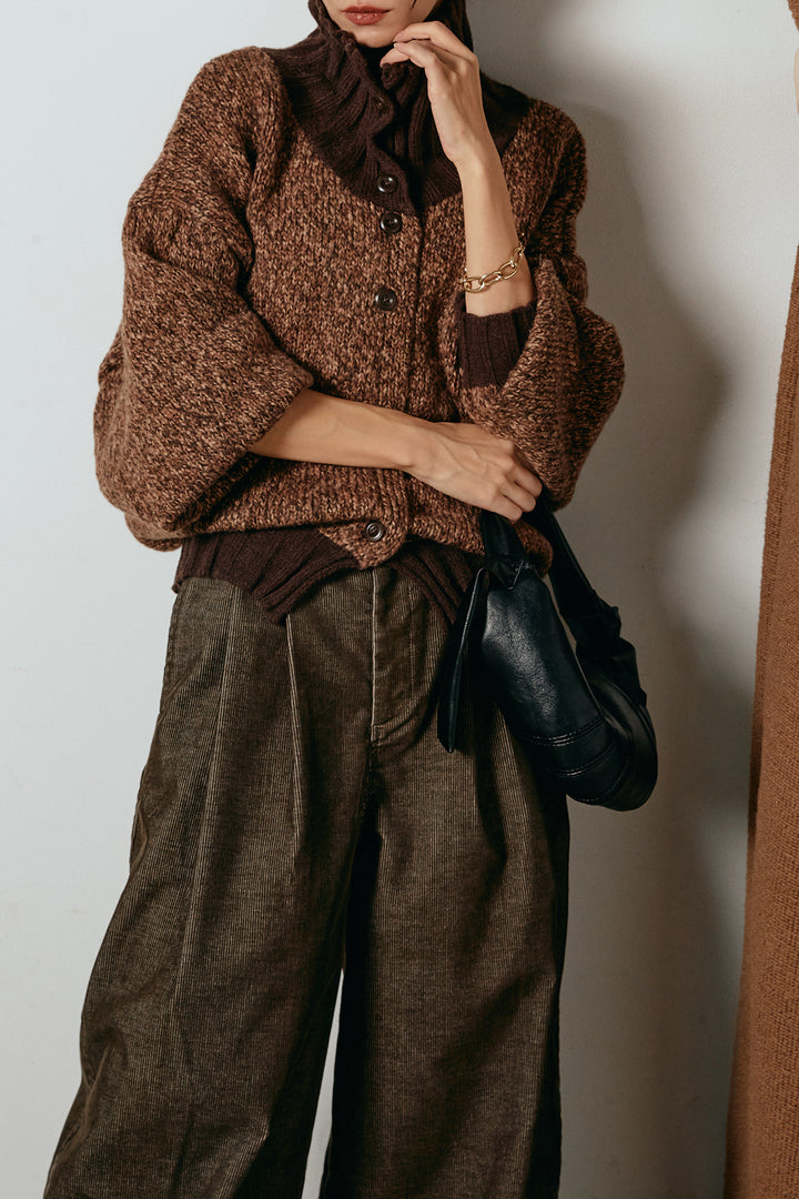 [SET]ハイネックミックスニットカーディガン+フロントタック入りコーデュロイパンツ(2set)