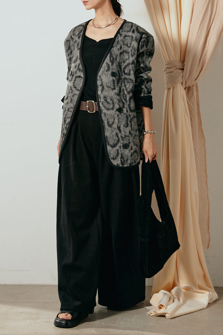 [SET]ノーカラーレオパード柄アウター+フェイクレザー太ベルト付きタックワイドパンツ(2set)