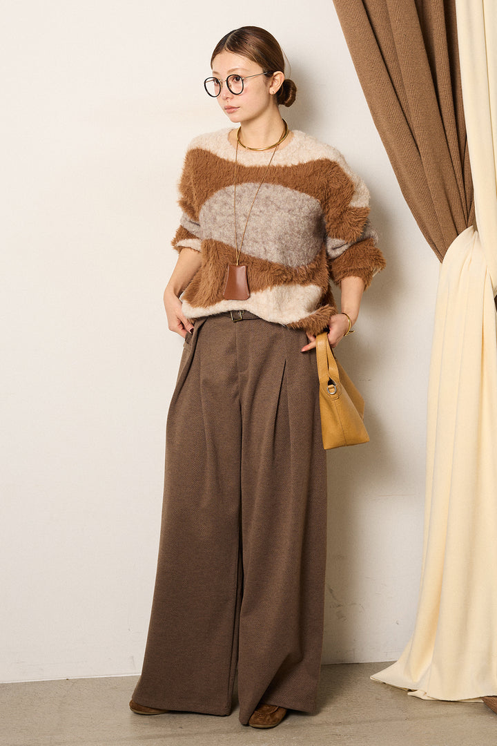 [SET]シャギーウェーブ柄クルーネックニットトップス+細ベルト付き起毛タックワイドパンツ(2set)