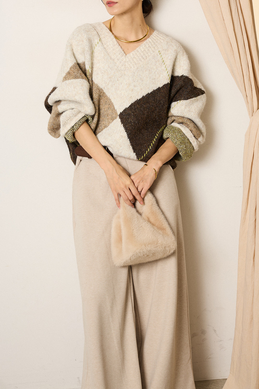 [SET]ルーズアーガイルVネックニット+サイドベルトパンツ(2set)