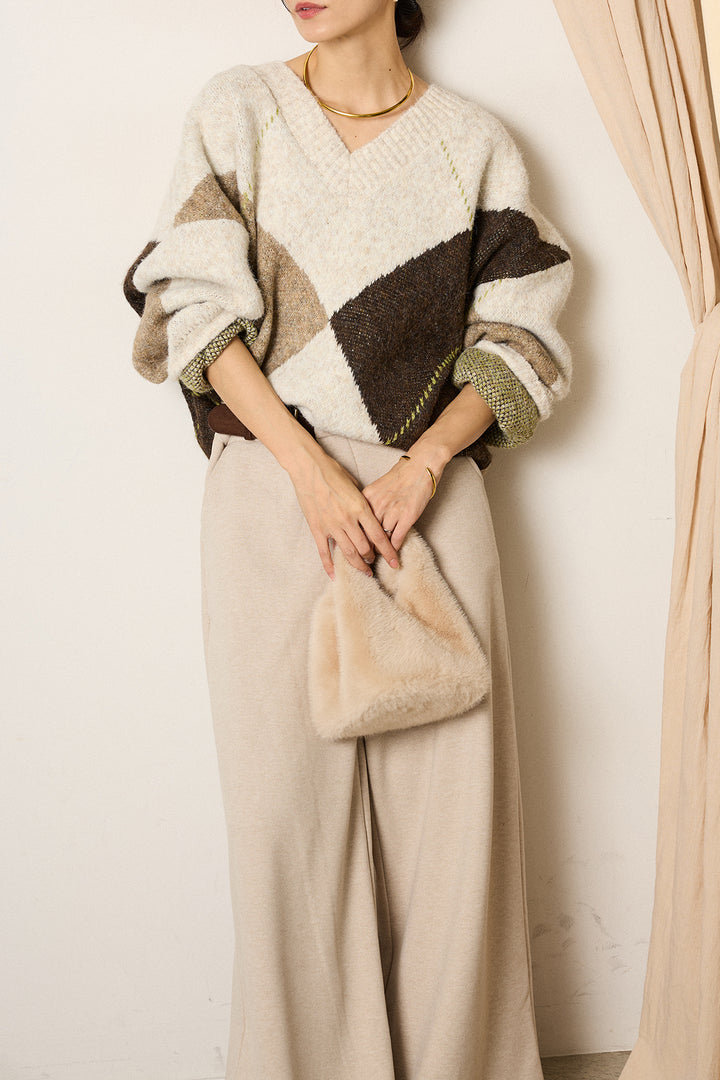 [SET]ルーズアーガイルVネックニット+サイドベルトパンツ(2set)