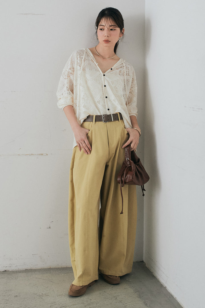 [SET]ブロックレースフード付きブラウス+ベルト付きサイドタックワイドパンツ(2set)