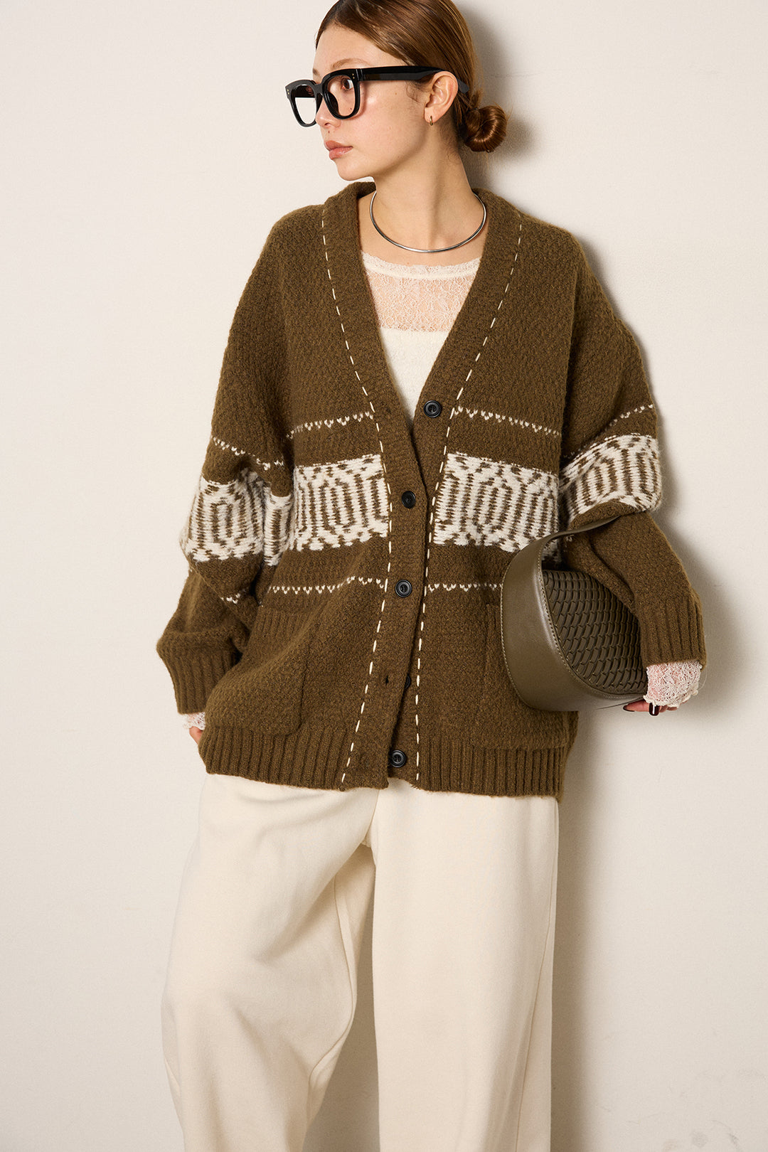 [SET]ライン柄ステッチニットカーディガン+2WAY袖コード刺繍クルーネックプルオーバー+裏起毛スウェットワイドパンツ(3set)