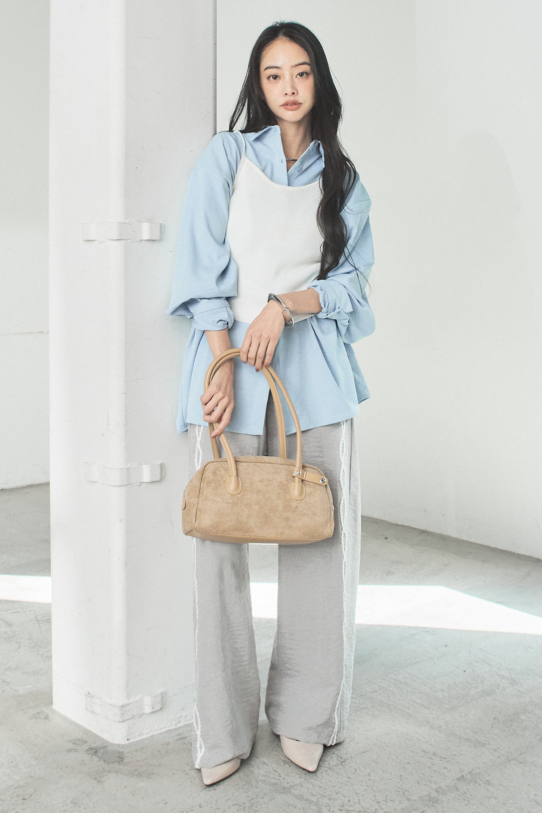 [SET]ニットキャミ付きシャツ+刺繡テープラインパンツ(2set)