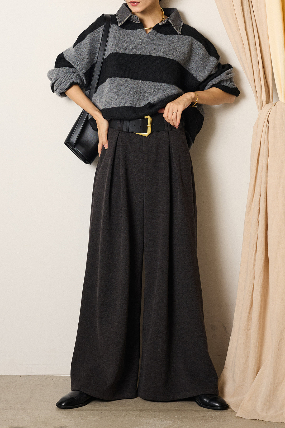 [SET]デニムカラーボーダールーズニット+ゴールドバックル太ベルト付きワイドパンツ(2set)