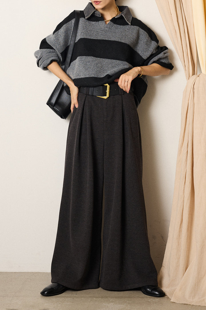 [SET]デニムカラーボーダールーズニット+ゴールドバックル太ベルト付きワイドパンツ(2set)