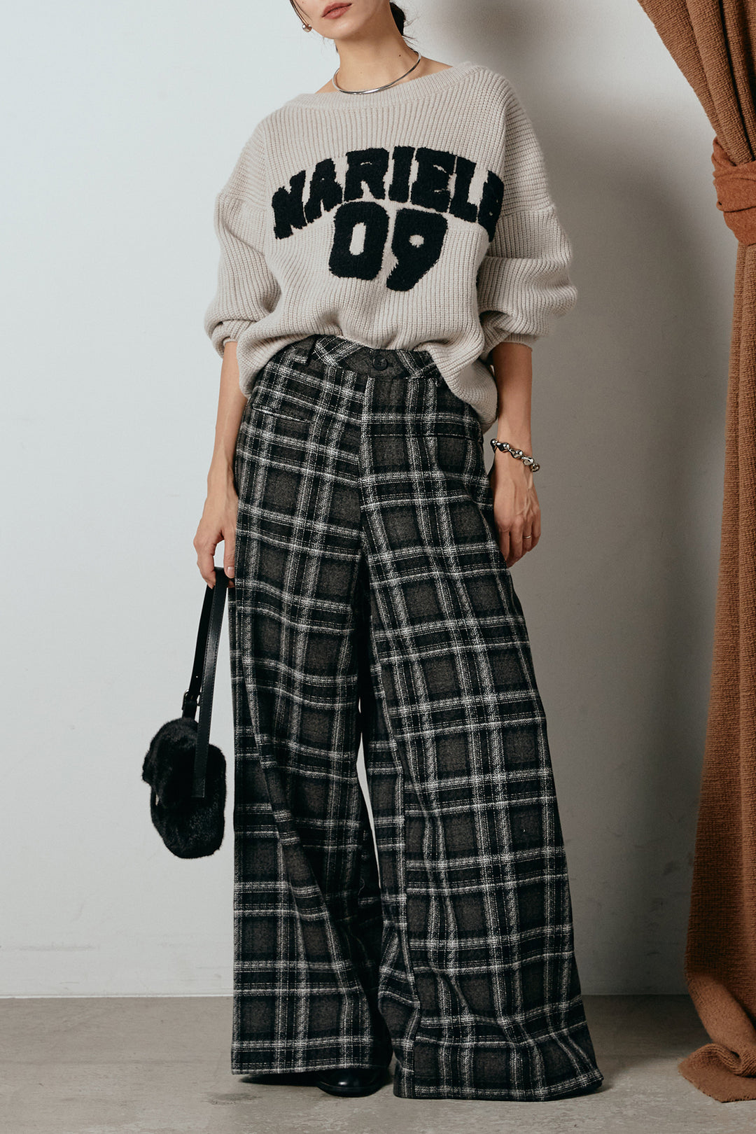 [SET]ロゴジャガードニットトップス+ルーズタータンチェックワイドパンツ(2set)
