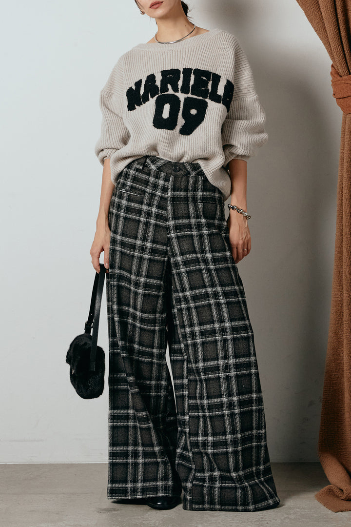 [SET]ロゴジャガードニットトップス+ルーズタータンチェックワイドパンツ(2set)