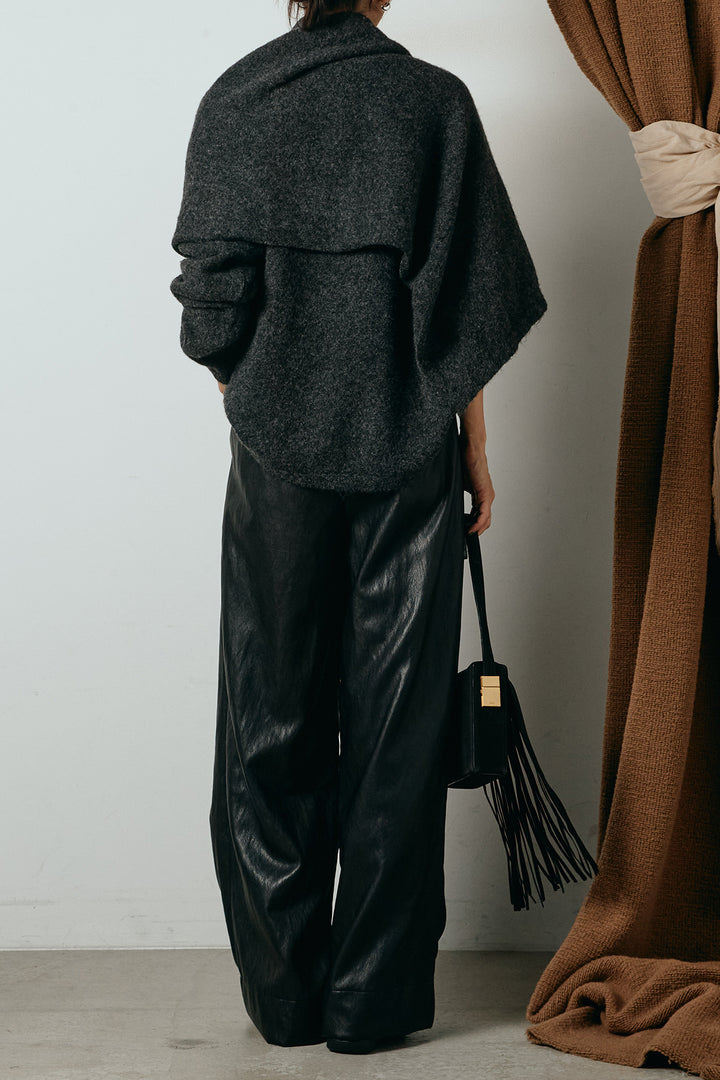 [SET]ネック巻きデザインニットトップス+ベルト付きレザーライクタックパンツ(2set)