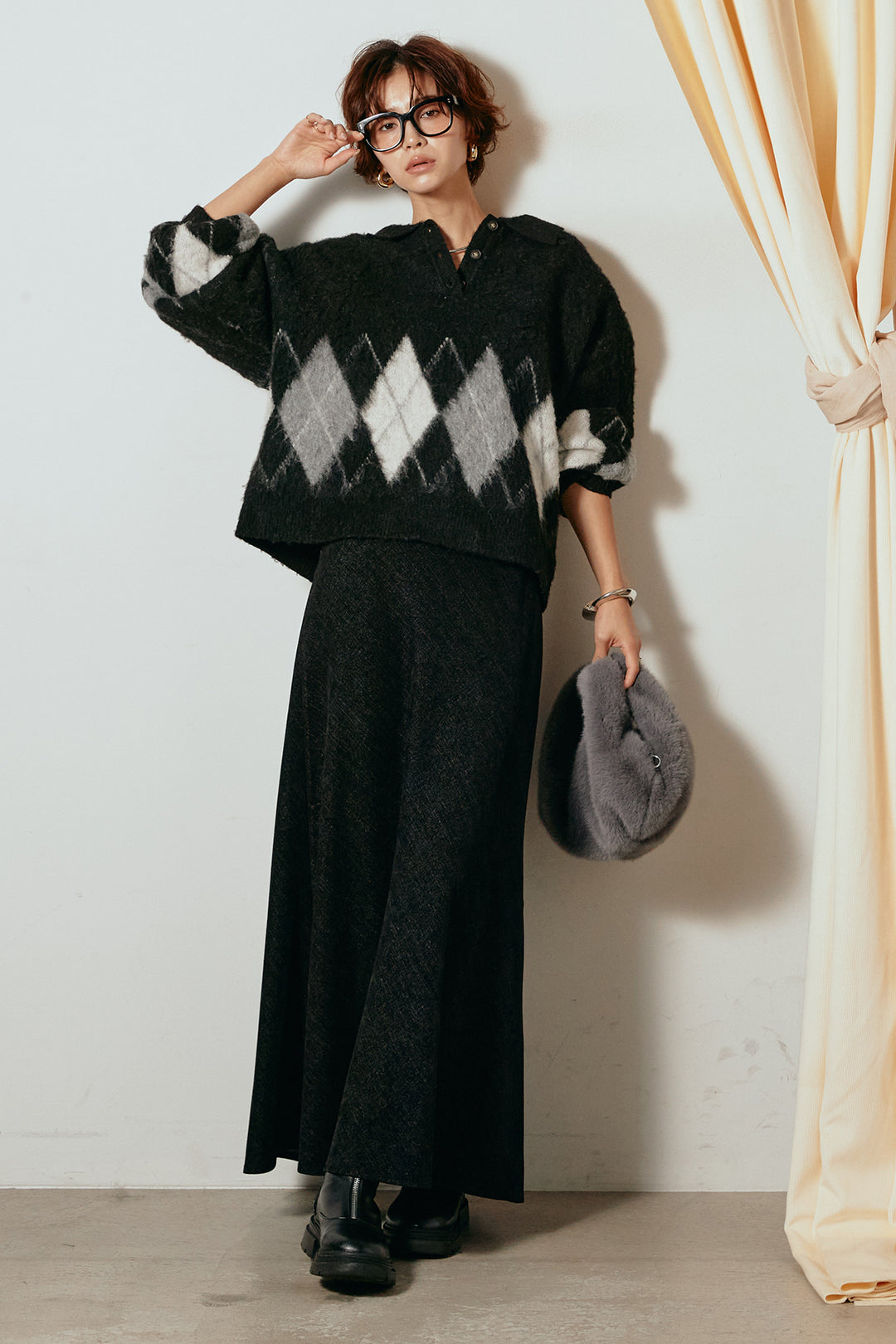 [SET]アーガイル柄ポロニットトップス+スウェードライクロングスカート(2set)