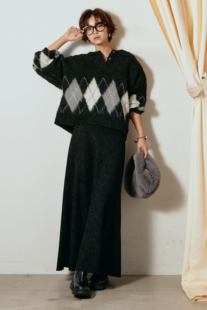 [SET]アーガイル柄ポロニットトップス+スウェードライクロングスカート(2set)