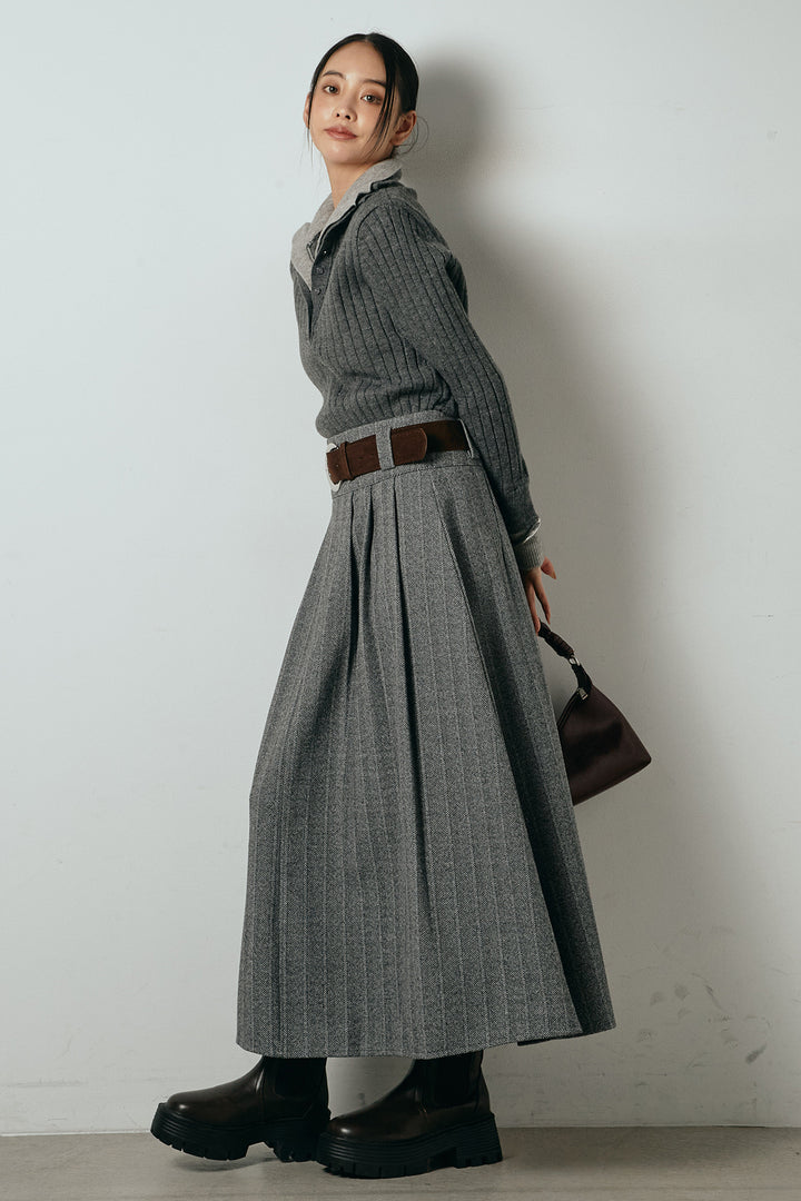 [SET]レイヤード風リブニットトップス+太ベルト付きヘリンボーンプリーツスカート(2set)