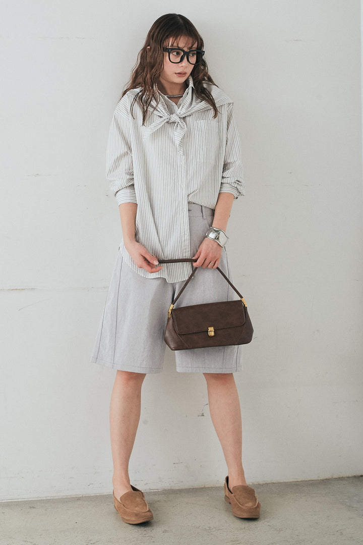 [SET]ランダムストライプスカーフ付きシャツ+デニムハーフパンツ(2set)