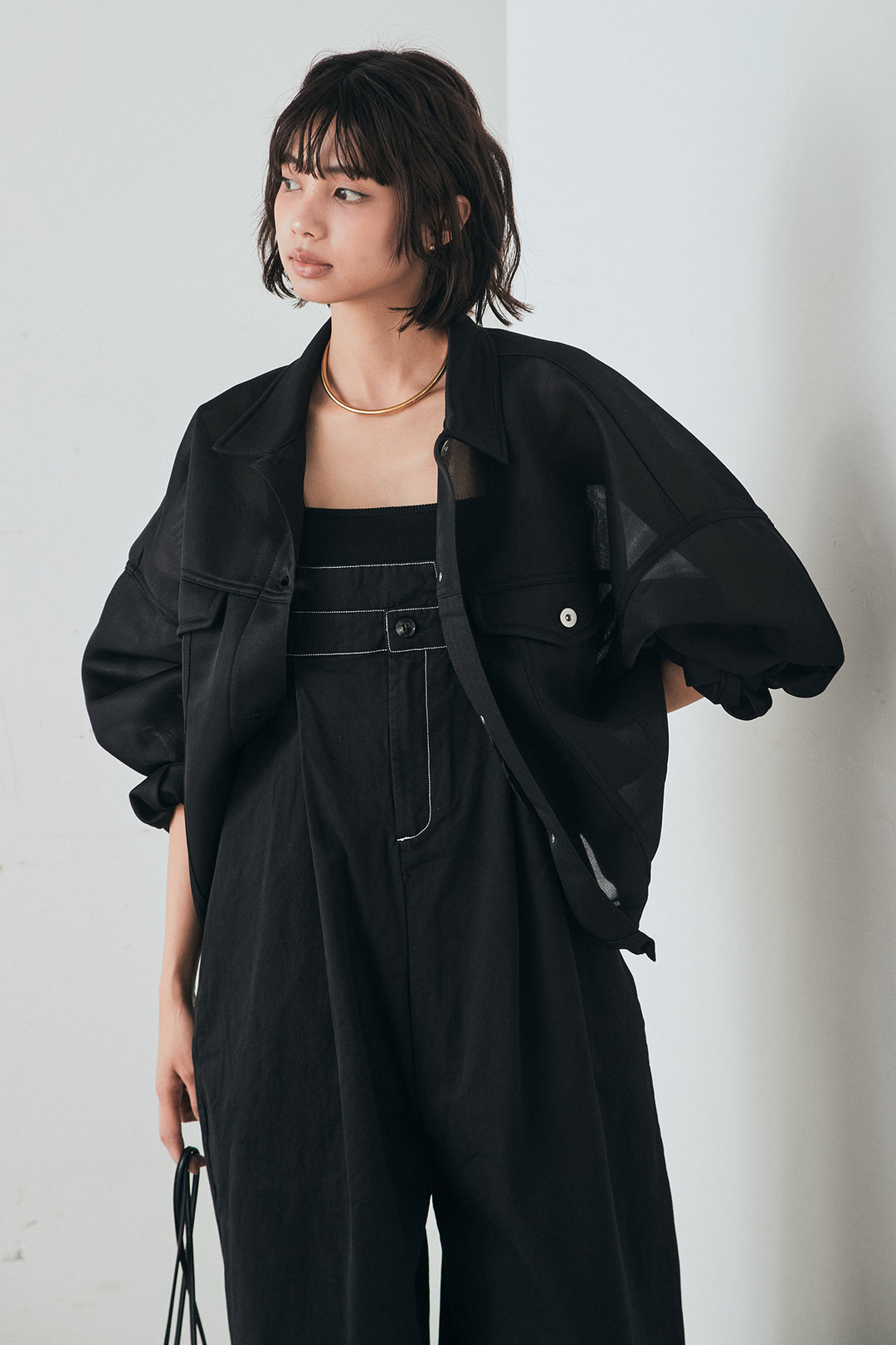 [SET]シアーダンボールサイドドロストジャケット+綿ツイルアシメサロペット(2set)