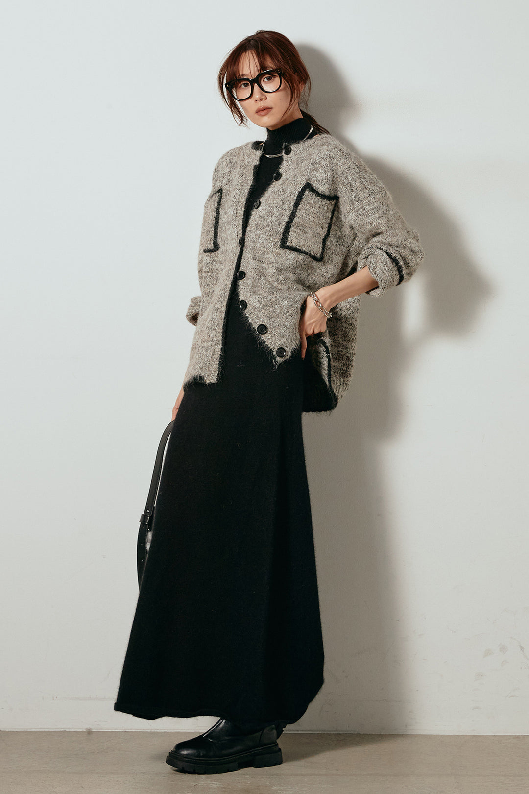 [SET]ミックスニットポケットカーディガン+ノースリーブニットロングワンピース(2set)