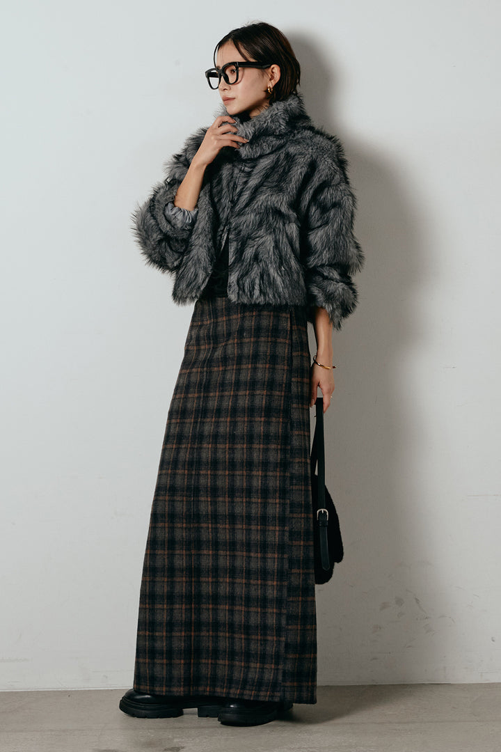 [SET]エコファーショート丈ブルゾン+シャギーチェックストレートスカート(2set)