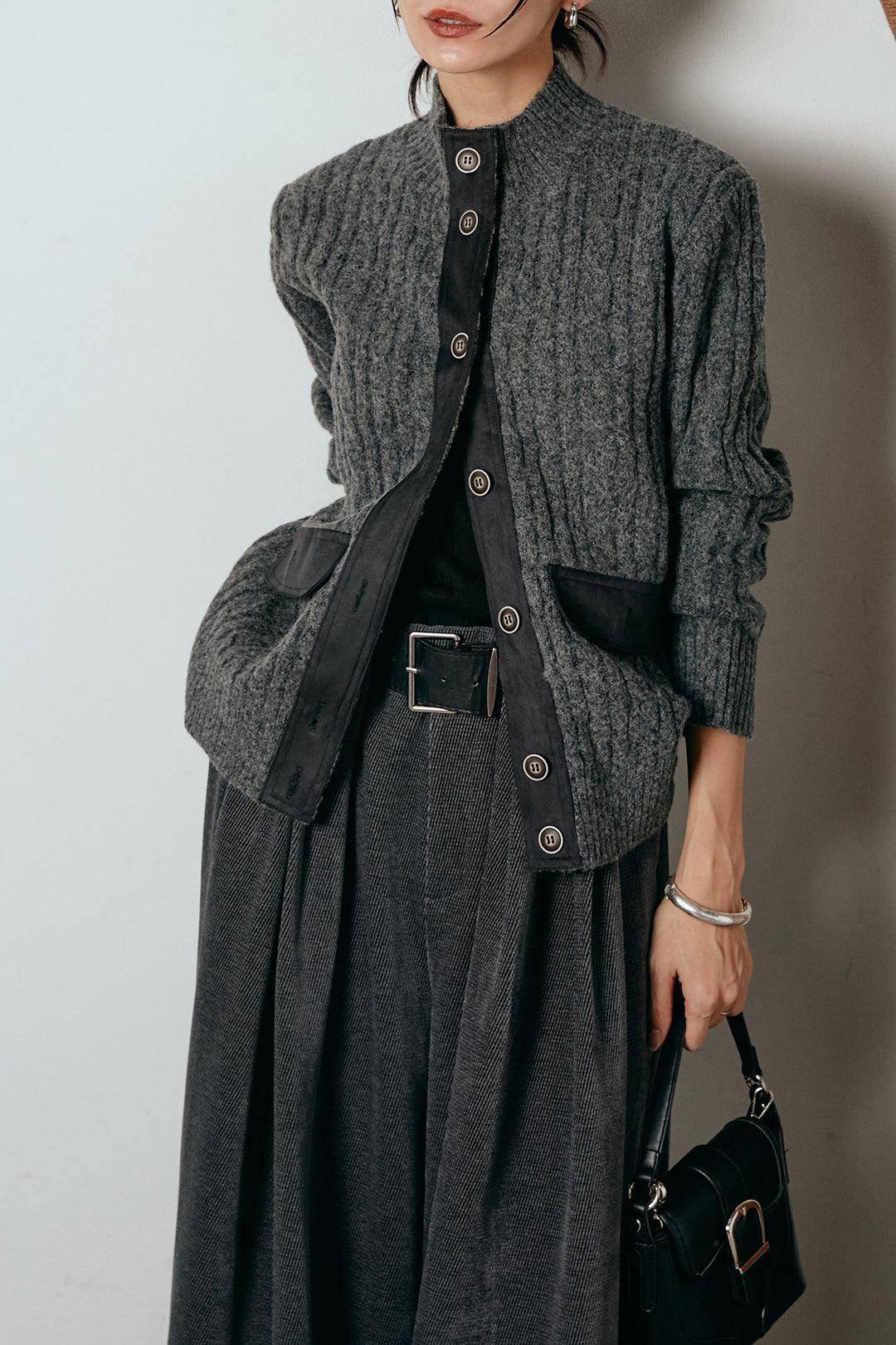 [SET]ボトルネックケーブルニットカーディガン+ベルトループコーデュロイワイドパンツ(2set)