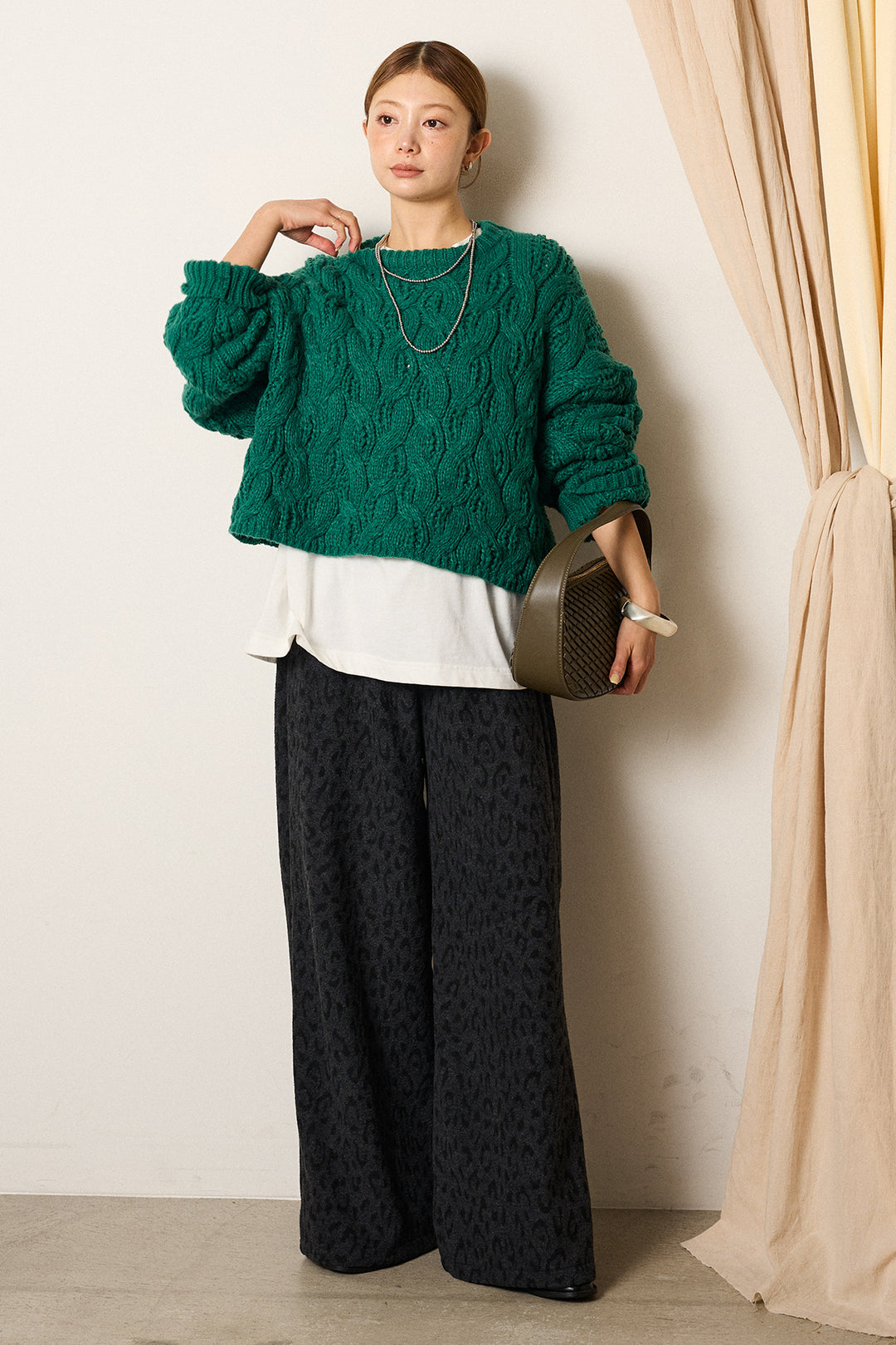 [SET]ケーブルリラックスショートニット+レオパードジャガードニットパンツ(2set)