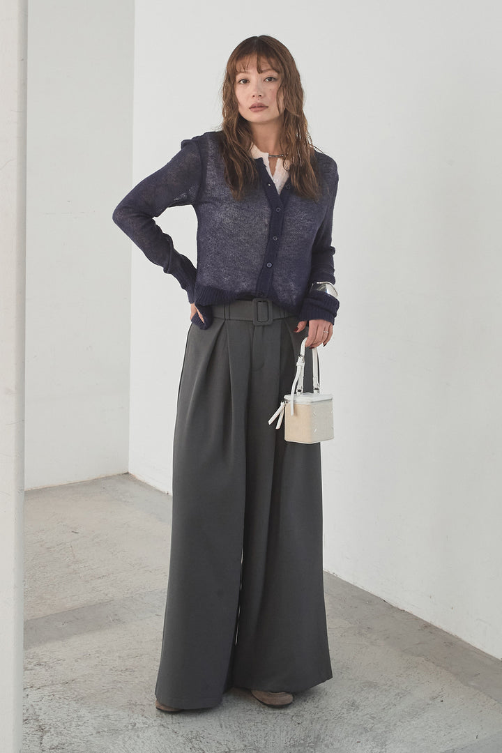 [SET]モヘア透かし編みレイヤードアンサンブルセット+ベルト付きツータックワイドパンツ(2set)