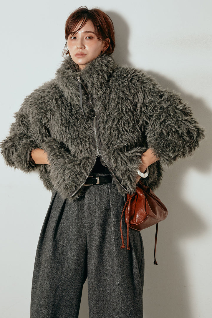 [SET]ミックスシープファースタンドブルゾン+フェイクウールタックトラウザーズパンツ(2set)