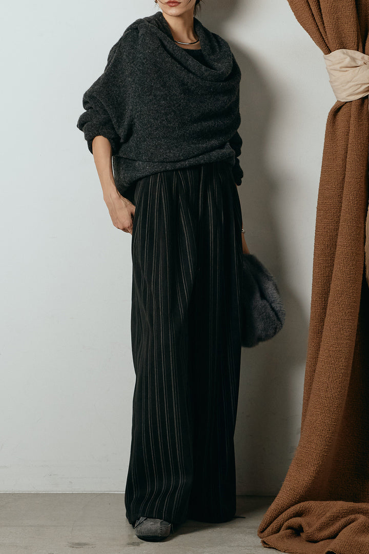 [SET]ネック巻きデザインニットトップス+タック入りマルチストライプ柄ワイドパンツ(2set)