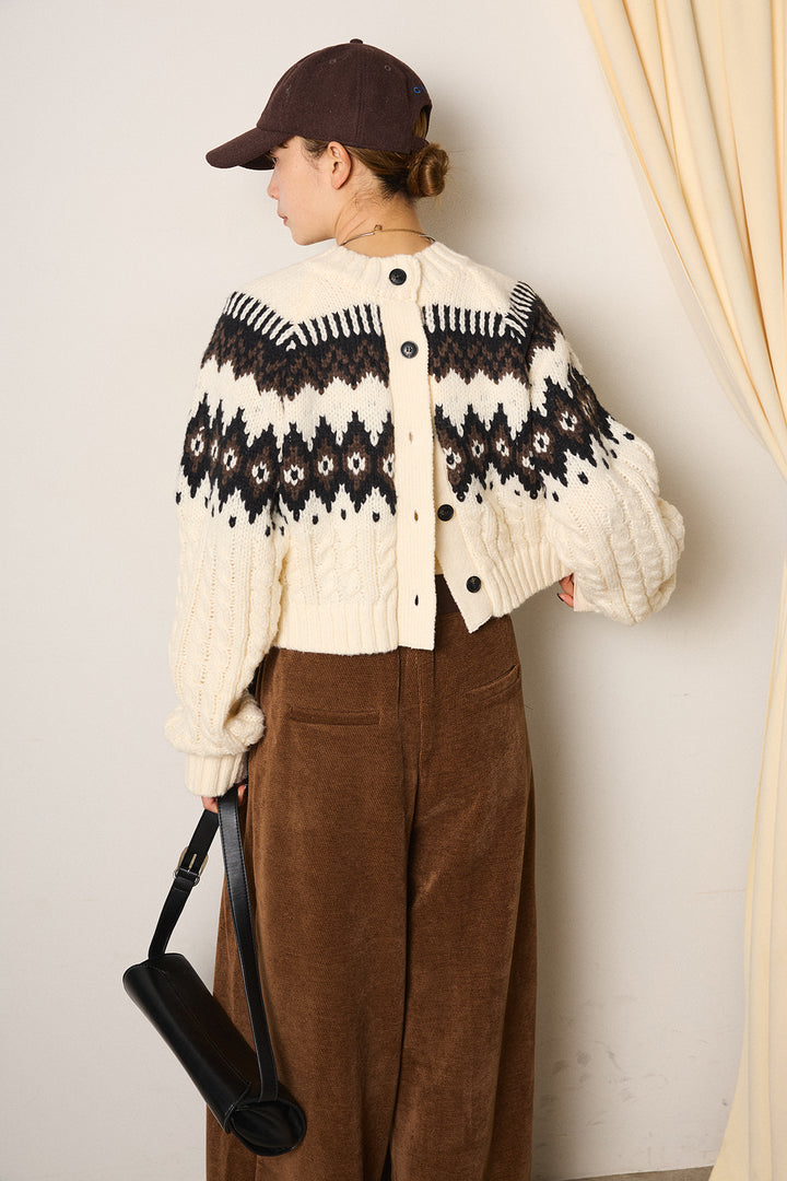 [SET]2WAY求心柄ジャガードショートカーディガン+ベルトループコーデュロイワイドパンツ(2set)