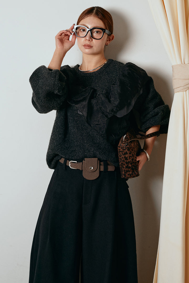 [SET]アシンメトリーフリルニットトップス+ポーチベルト付きカーブパンツ(2set)