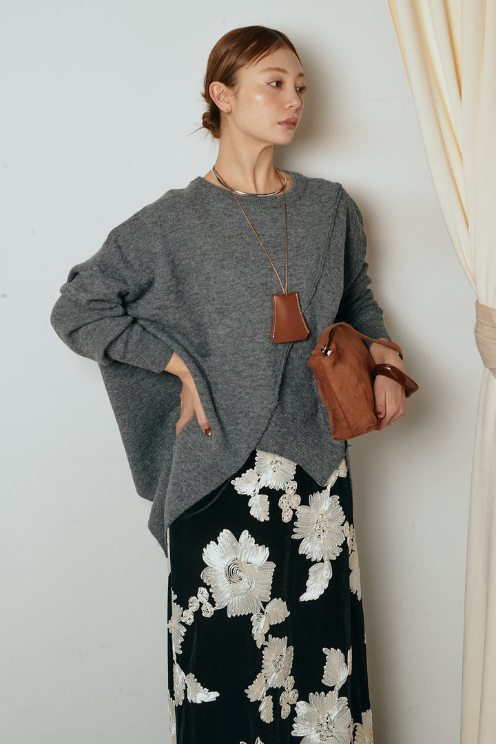 [SET]アシンメトリーデザインニットトップス+フラワー刺繍ワイドスカート(2set)