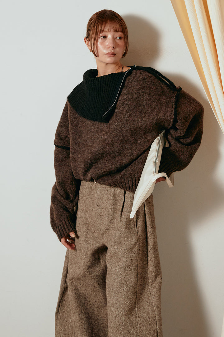 [SET]ハイネックジップデザインニットトップス+ベルト付きネップツイードカーブパンツ(2set)