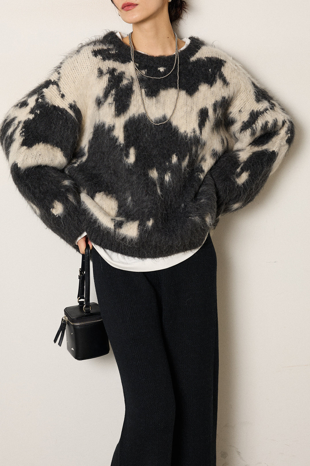 [SET]モヘアタッチマーブルニット+ワイドリブニットイージーパンツ(2set)