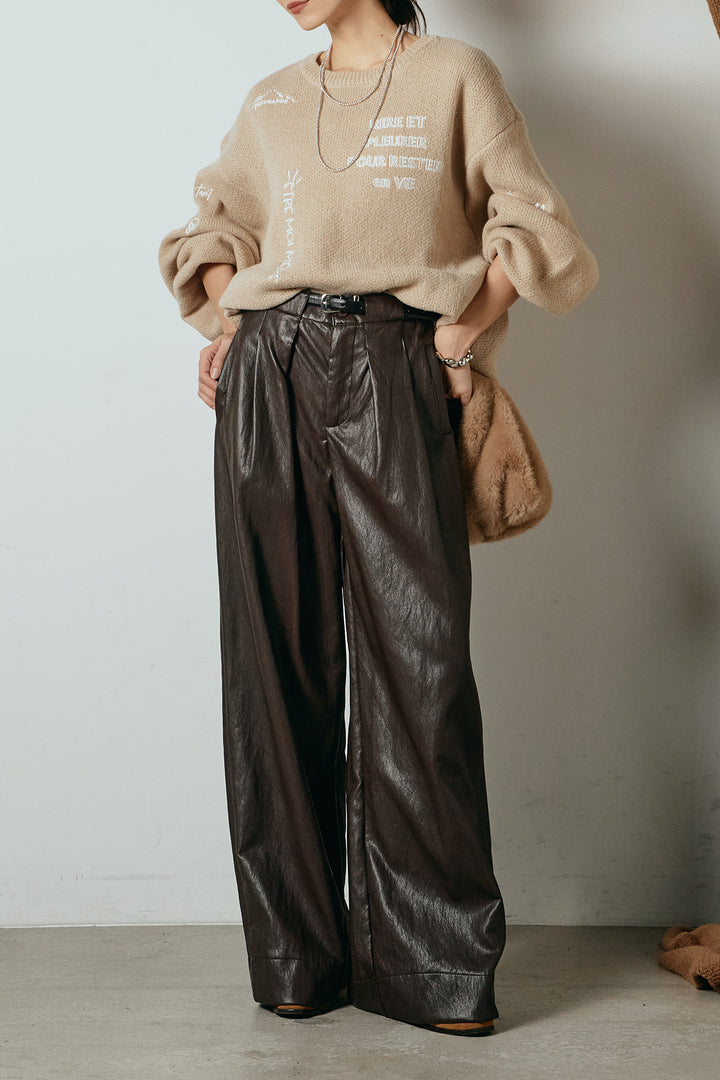 [SET]刺繍ロゴランダムデザインニットトップス+ベルト付きレザーライクタックパンツ(2set)