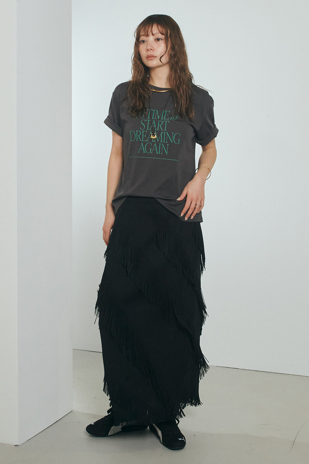 [SET]半袖TIMEロゴカットソー+斜めフリンジデザインスカート(2set)