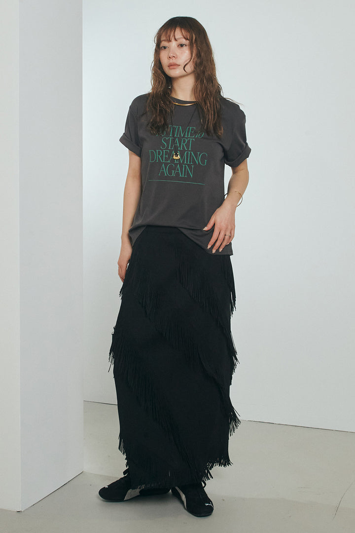 [SET]半袖TIMEロゴカットソー+斜めフリンジデザインスカート(2set)