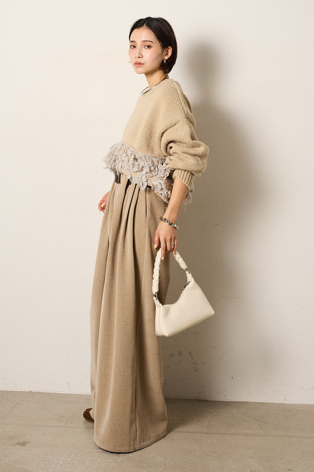 [SET]ループ編み切り替えニットプルオーバー+ベルトループコーデュロイワイドパンツ(2set)