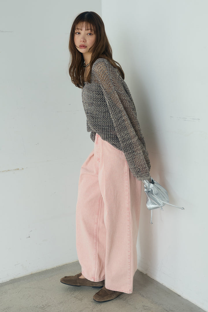 [SET]メッシュ編みビスチェセットVネックプルオーバー+カラーデニムタックカーブパンツ(2set)