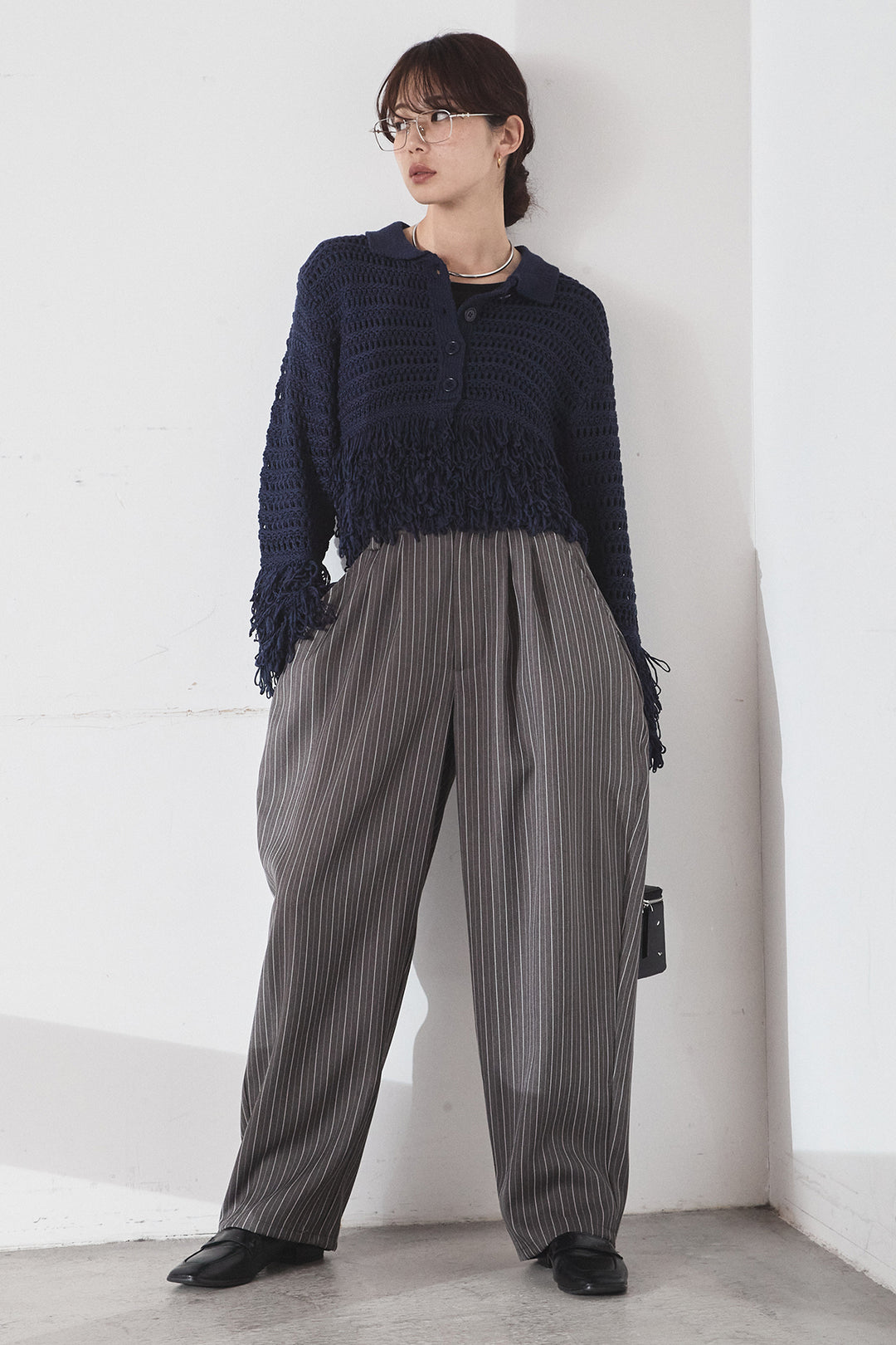 [SET]メッシュフリンジカーディガン+ヘリンボーンストライプツータックパンツ(2set)