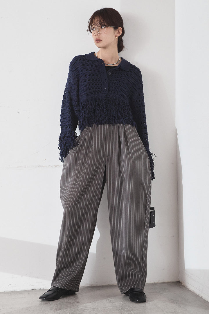 [SET]メッシュフリンジカーディガン+ヘリンボーンストライプツータックパンツ(2set)