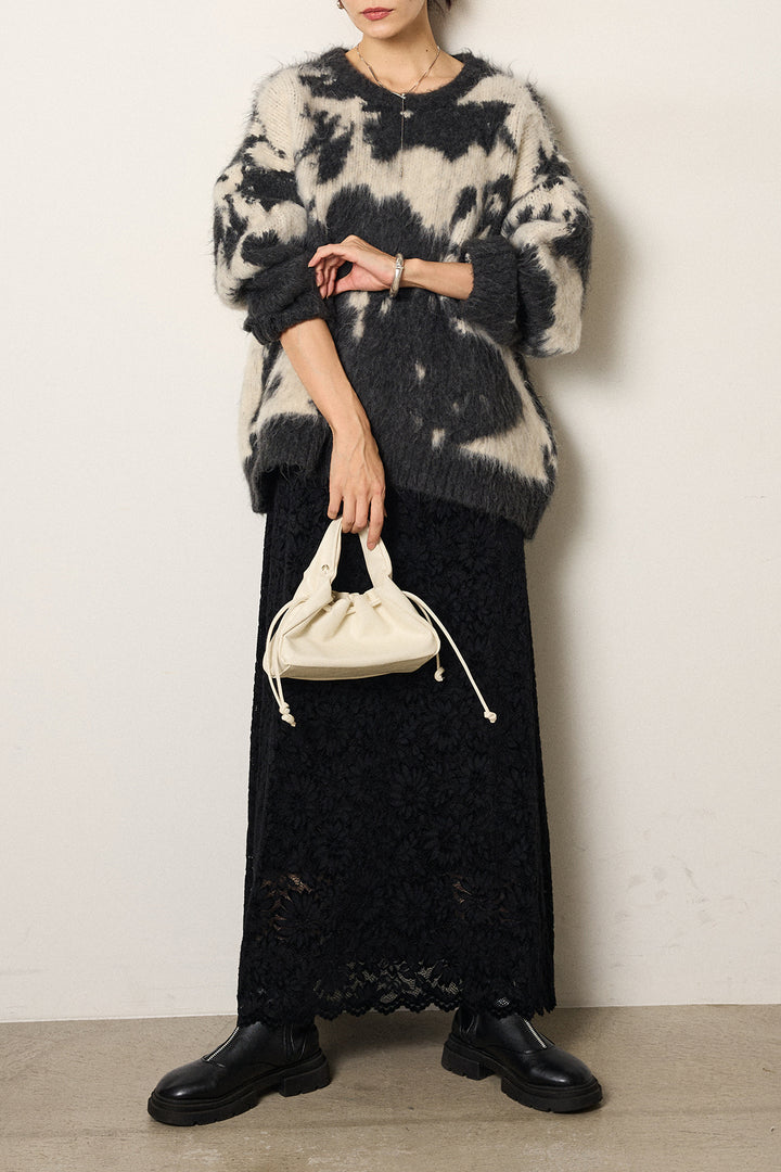 [SET]モヘアタッチマーブルニット+花柄刺繍ベロアフレアスカート(2set)