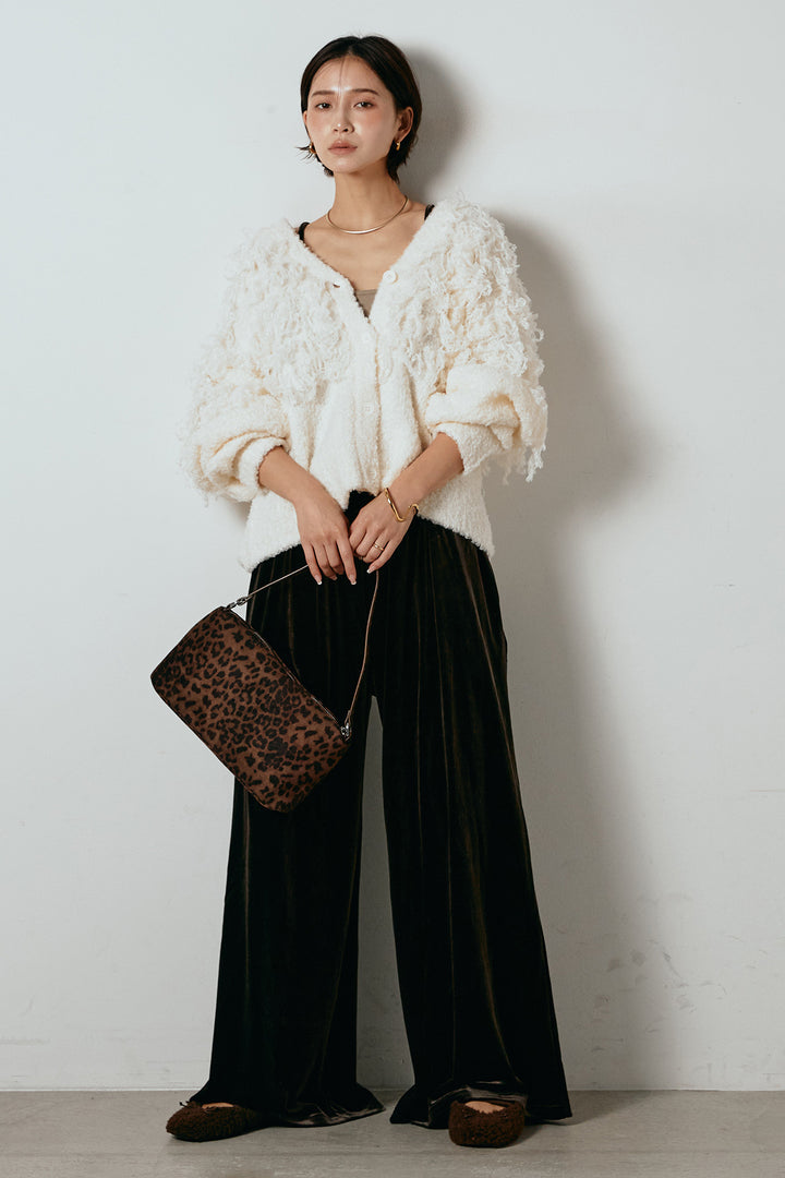 [SET]ループ編みVネックニットカーディガン+ベロアサスペンダー付きパンツ(2set)