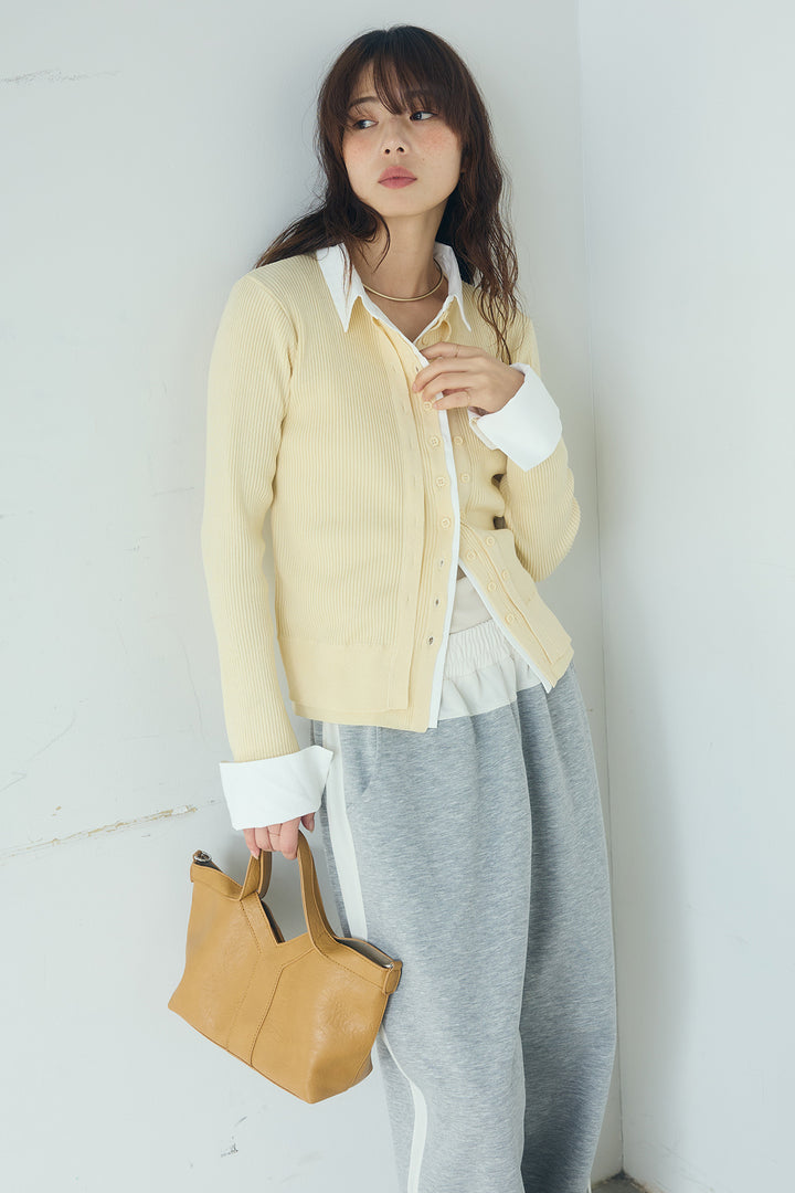 [SET]シャツドッキングボタンニットカーディガン+異素材切り替えスウェットパンツ(2set)