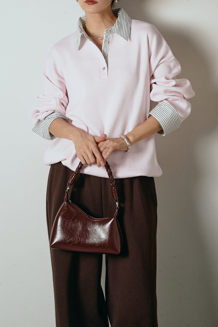 [SET]ストライプシャツドッキングポロトップス+裏起毛スウェットワイドパンツ(2set)