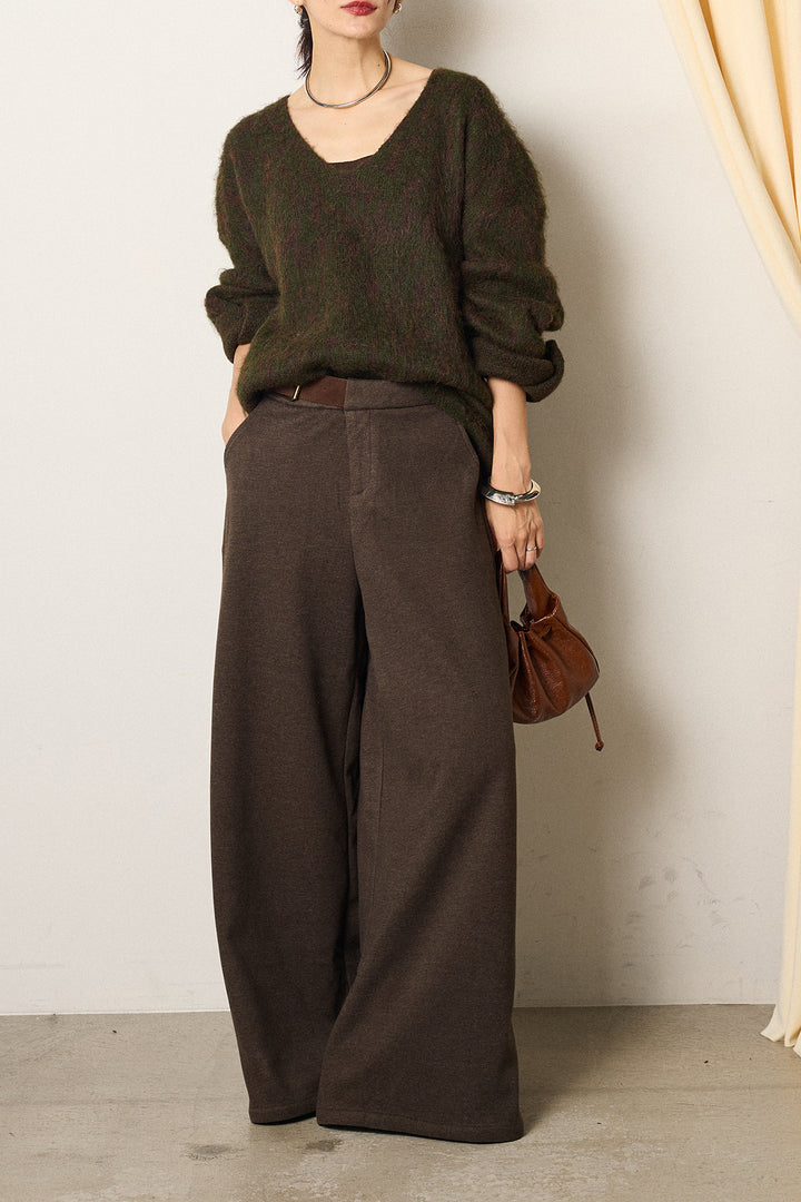 [SET]フラッフィーレオパードシャギーニット+サイドベルトパンツ(2set)