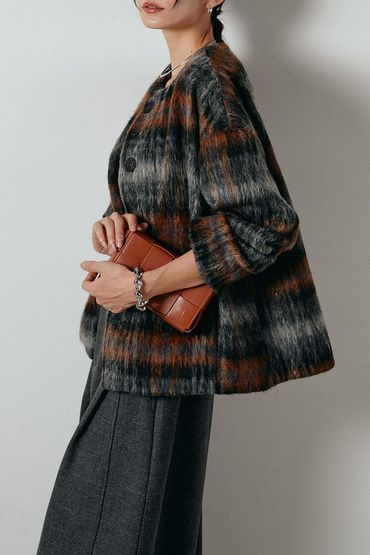 [SET]ノーカラーシャギーチェックアウター+ポーチベルト付きカーブパンツ(2set)