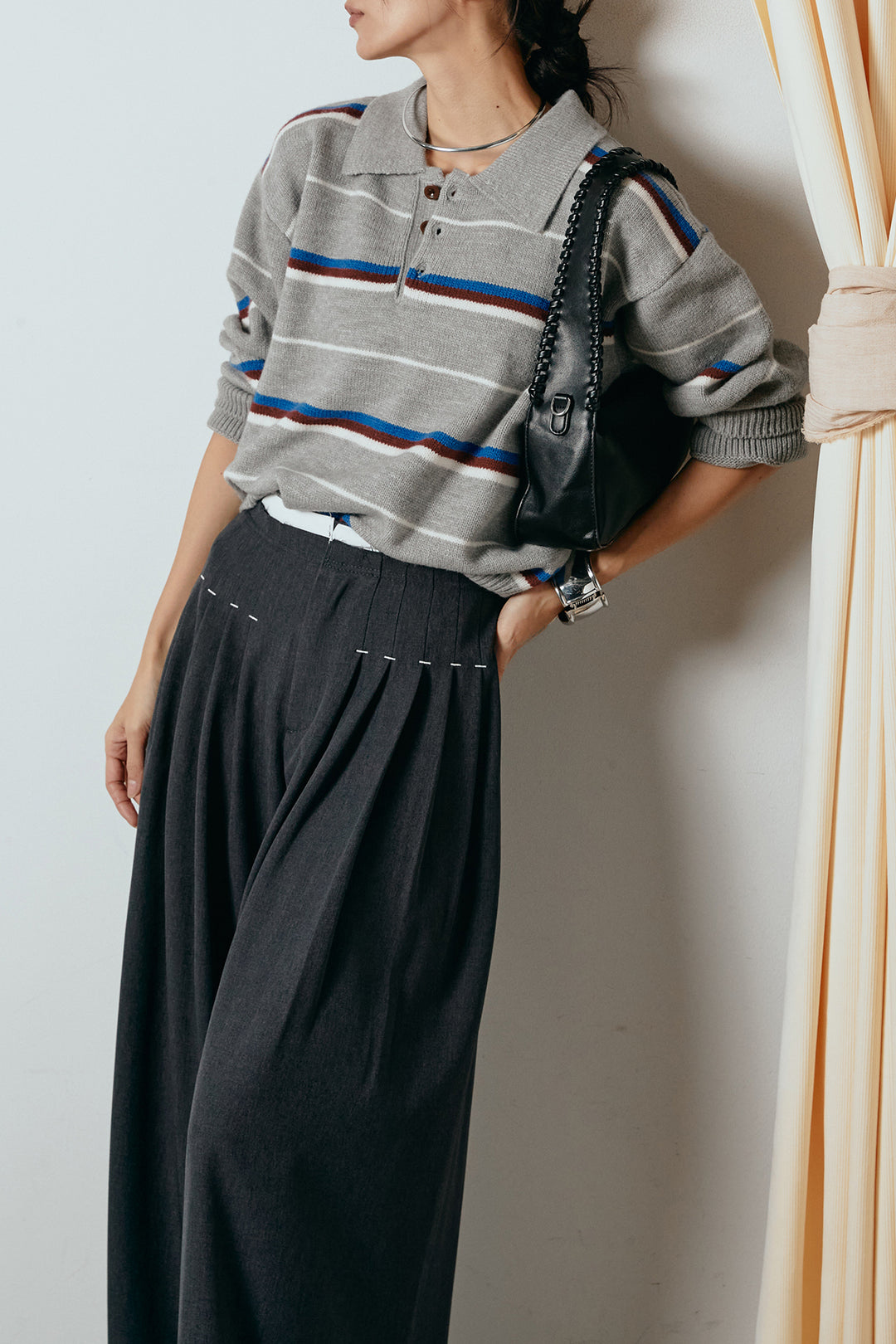 [SET]襟付きマルチボーダーニットポロトップス+ウエストステッチデザインワイドスラックス(2set)