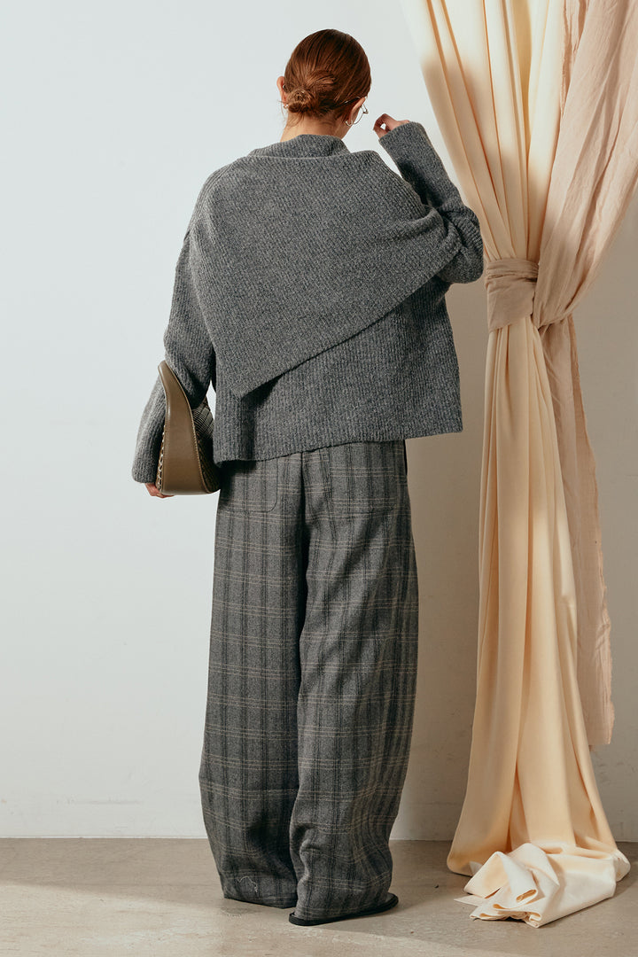 [SET]ケープデザインリブニットトップス+タータンチェック柄タックパンツ(2set)