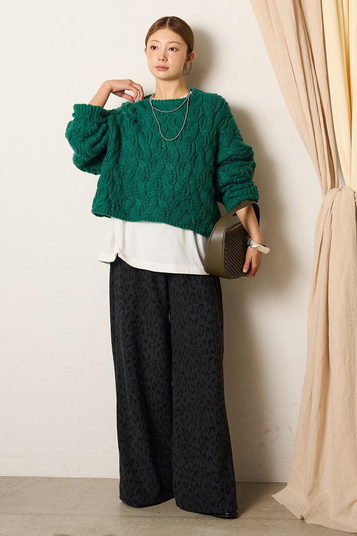 [SET]ケーブルリラックスショートニット+箔プリントBIGシルエットロングスリーブTシャツ+レオパードジャガードニットパンツ(3set)