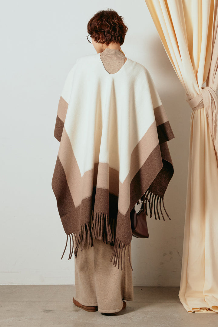 [SET]裾フリンジ柄ポンチョアウター+ノースリーブニットロングワンピース(2set)