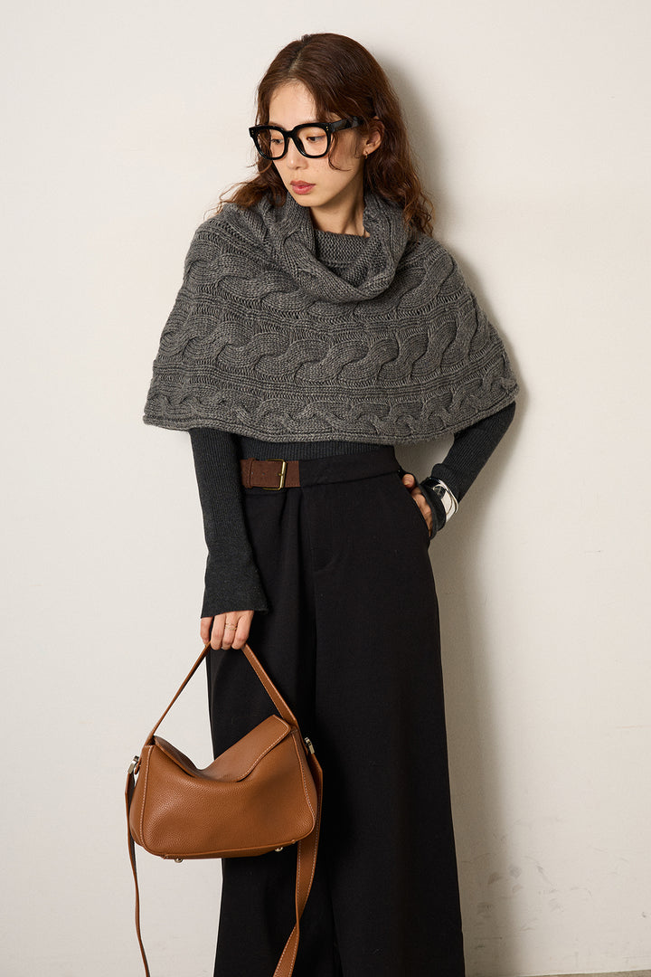 [SET]ケーブル編みケープレイヤードニット+サイドベルトパンツ(2set)